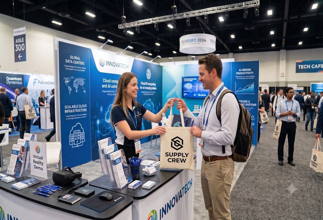 Tradeshow giveaway - one woman handing a man supply crew tote bag
